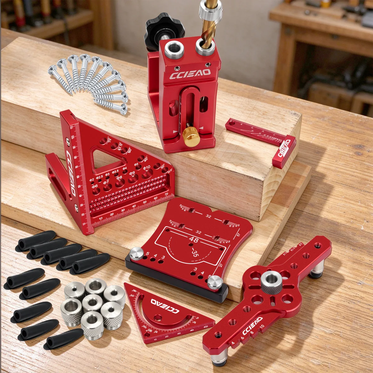 Woodworking Drilling and Marking Jig Kit, 6-Piece Precision Doweling Guide Set, Center Marking Gauge for Cabinet Making and DIY