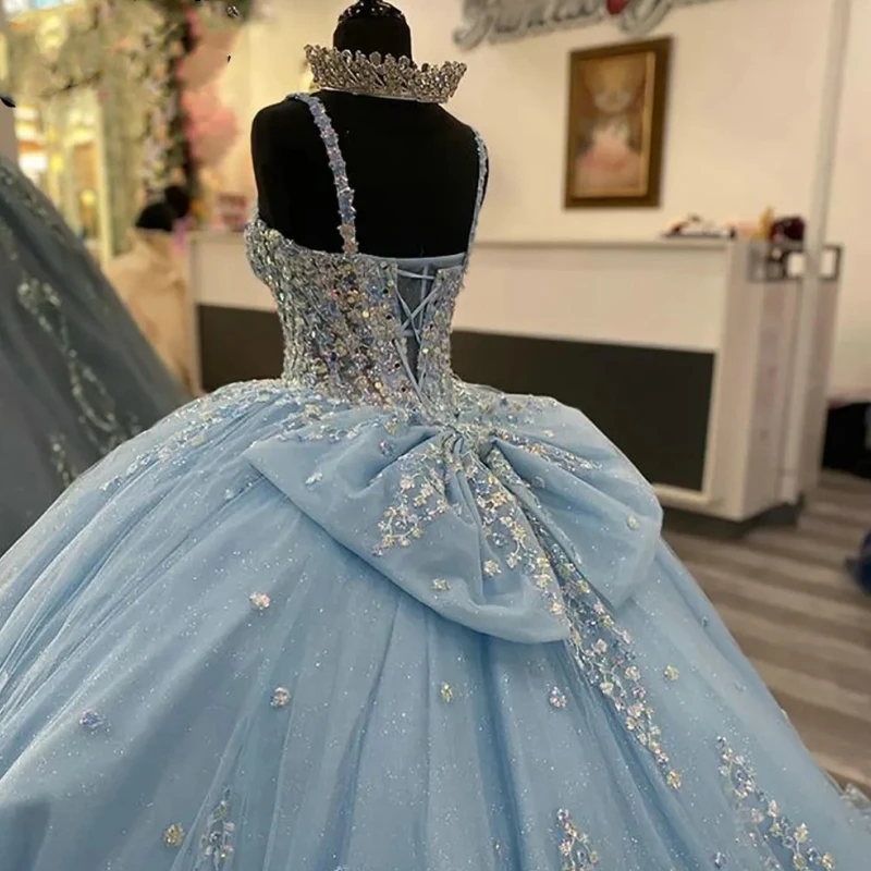 

Customized Elegant Sky Blue 15 16 Quinceanera Dresses With Train Lace Applique Bow Ball Gown Women Prom Party Dress Vestidos