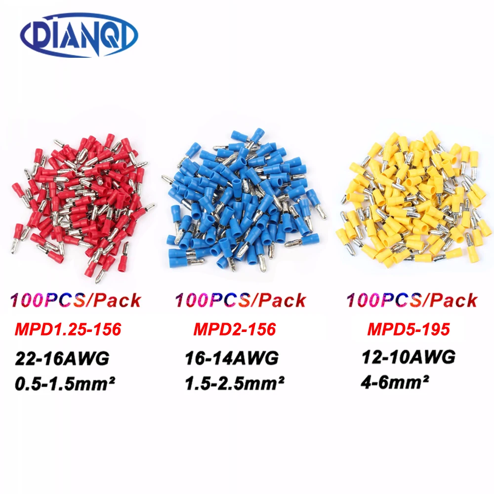 DIANQI MPD1.25-156 MPD1-156 100PCS Bullet Shaped male Insulating Joint Wire Connector Electrical Crimp Terminal AWG22-16 MPD