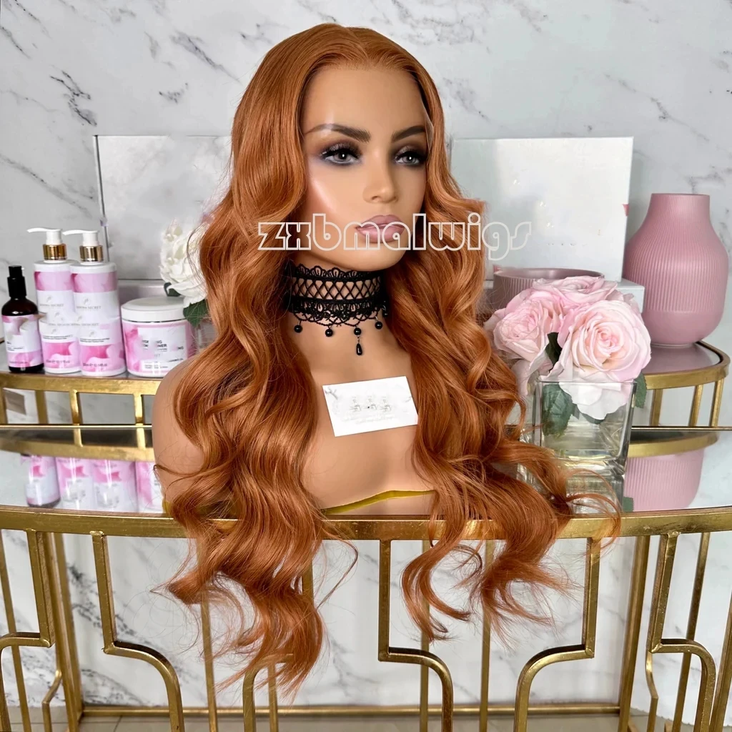 

ZXBMALWIGS Ginger Body Wave Synthetic Lace Front Wigs Long Wavy Glueless Soft Swiss Lace Cosplay Heat Resistant Hair Wig