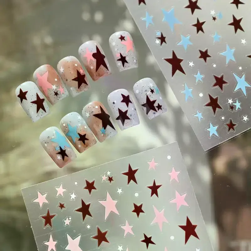 3D Plane Irregular Star Nail Decals Metallic Effect Silver Pentagram DIY Adhesive Art Salon Decoration