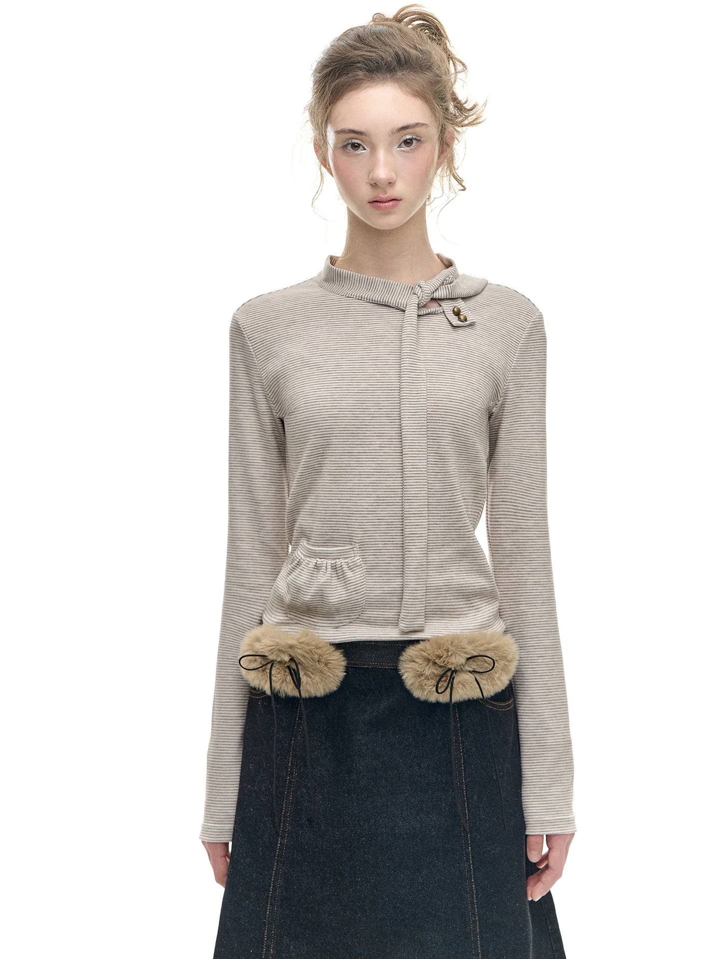 

Женская облегающая футболка Romance Nanci с длинными рукавами, внутренний слой с поясом, тонкий полосатый дизайн, ткань из смесового хлопка