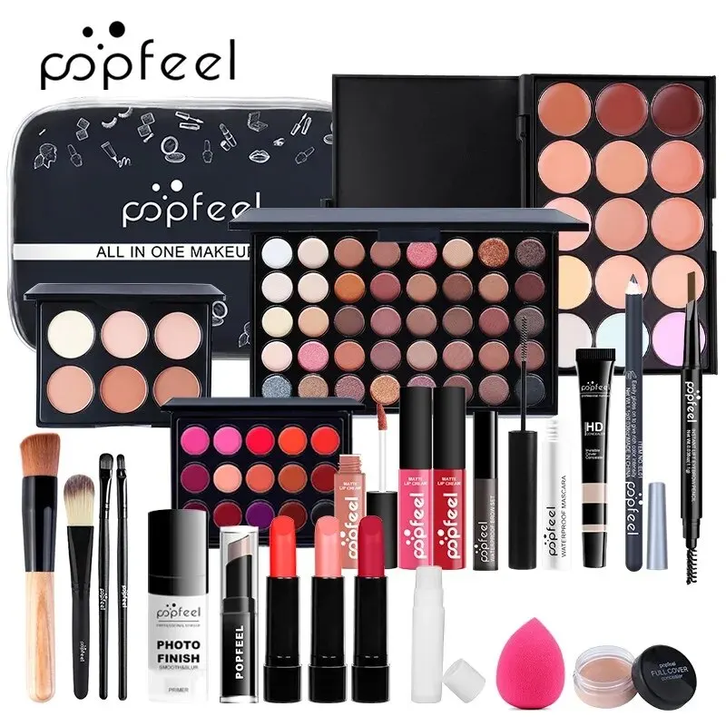 Coffret cadeau complet de maquillage tout-en-un pour femme, comprend un pinceau de maquillage, une palette de fards à barrage, un ensemble Jules Gloss, un rouge à lèvres, un fard à joues, un fond de teint