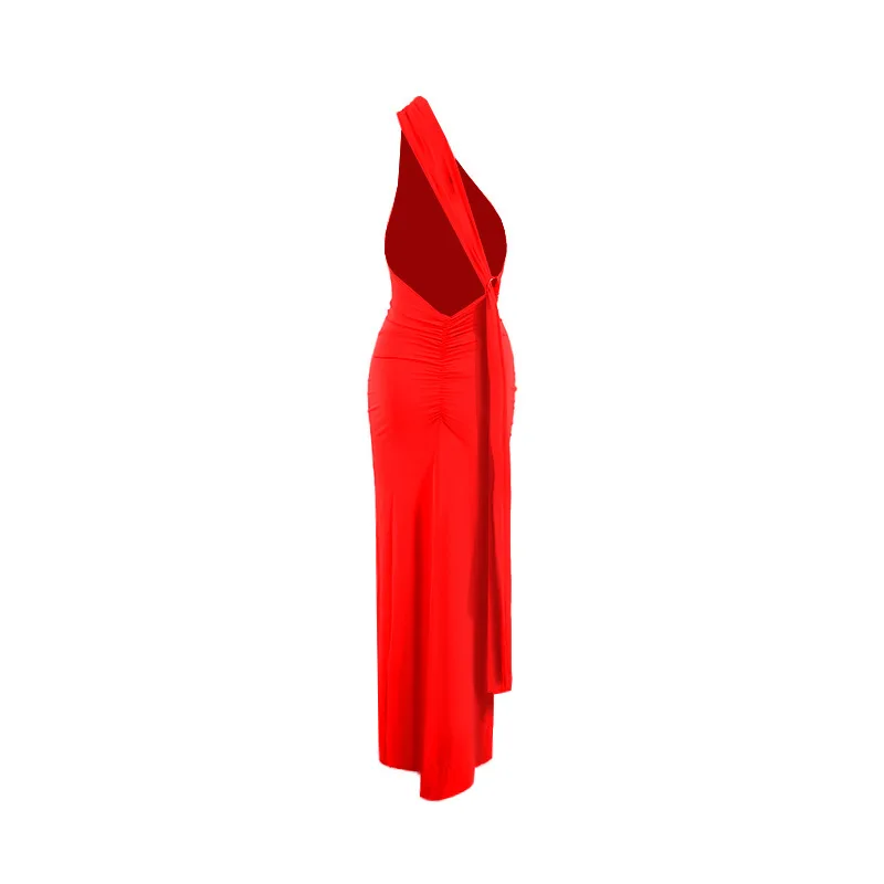 Women's One-Shoulder Sleeveless Maxi Dress Adjustable Scarf Loop Ruched Backless Bodycon Festival Party Outfit Elegant Long Gown
