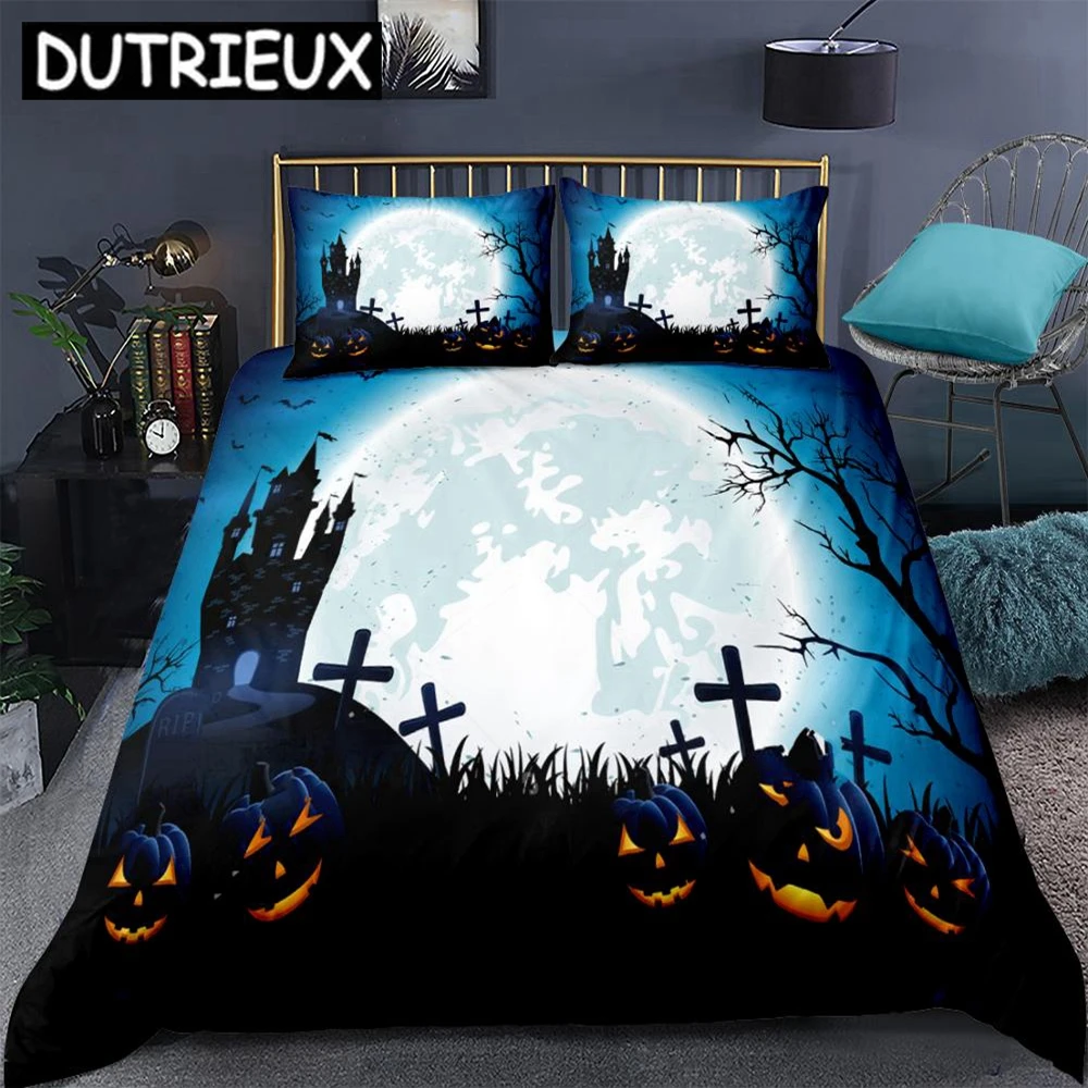 

Halloween Duvet Cover Set 3-piece Terror Dark Castle Bedding Set Pumpkin Lantern Quilt Cover Bed Sets Bedclothes