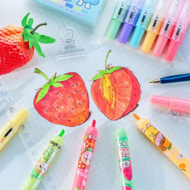 6 pcs/set Kawaii Fruit Girls Scented Mechanical Highlighters Cute Milkliner Art Markers Stationery School Supplies