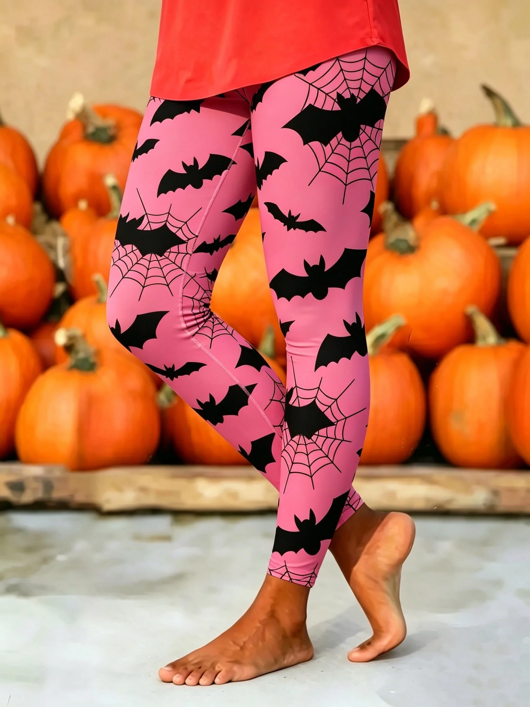 Women Fleece Lined Leggings Pink Halloween Bat Spider Web Print Stretch Warm Pants