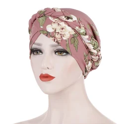 Women Muslim Hijab Caps Flower Print Turban Bonnet Ladies Milk Silk Headscarf Hat Wrap Hair Can Be Hidden Behind The Hat