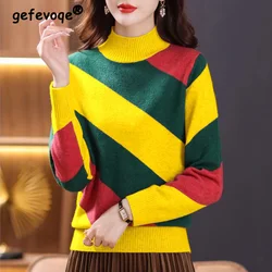 Autumn Winter Clothes 2023 New Fashionable Straight Wide Striped Long Sleeve Top Korean Half High Neck Short Sweater for Women