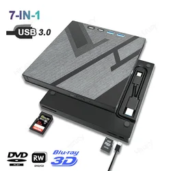 Unidade óptica Bluray externa para laptop, 7 em 1, queimador portátil, SD, slot para cartão TF, USB 3.0, tipo-C, BD, DVD, CD-RW Player