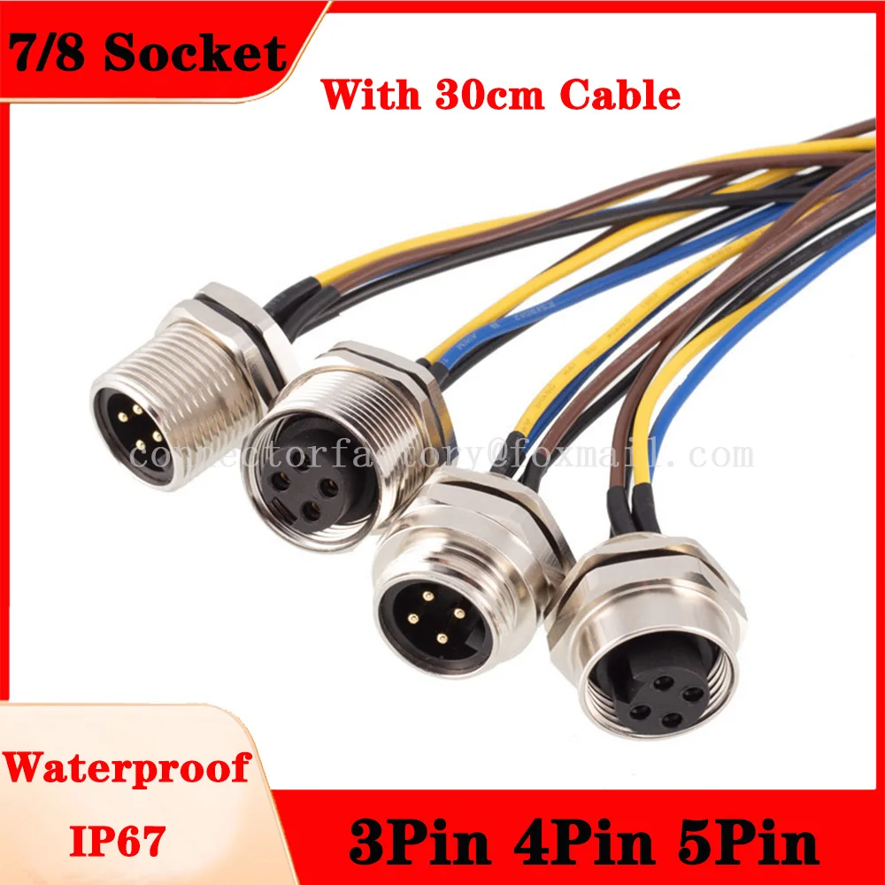 1Pcs 5Pcs 10Pcs 7/8 Socket With 30cm cable, 3-4 Pin 5-hole, Waterproof IP67 NEMA Marine Connector, Front And Rear Installation