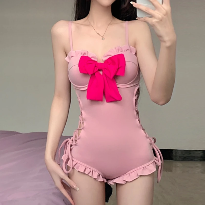 Summer Sexy One-piece Bikini Women Fashion Swimwears Ruffles Swimsuits Suspenders Pink Bow Tie Side Lacing Beach Bathing Suit