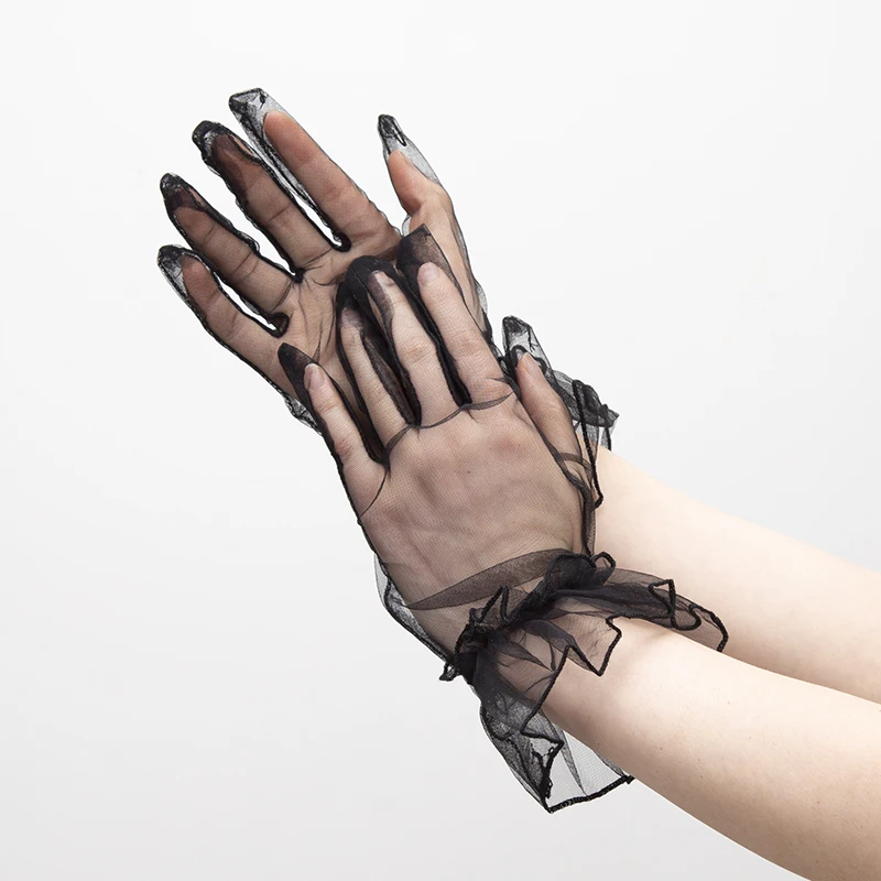 Frauen schwarze Spitze Handschuhe ultra dünne Handschuhe Tüll Hochzeit Braut Kleid Fahr handschuhe schiere transparente Sonnencreme Vintage Handschuh – Detail 4