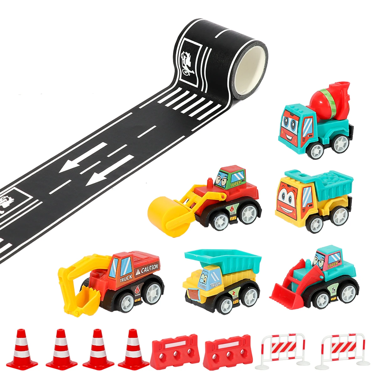 15Pcs Mini Inertial Pull Back Engineering Car Set with Road Tape & Barriers - Kids Cartoon Educational Craft Toys Birthday Gift