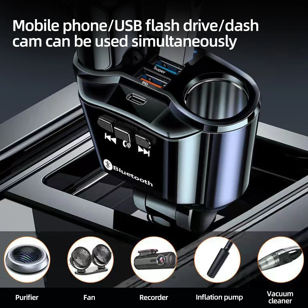 Car Charger Bluetooth FM Transmitter Fast Charging Socket Cigarette Lighter Splitter Power Adapter Dual USB with Voltage Display