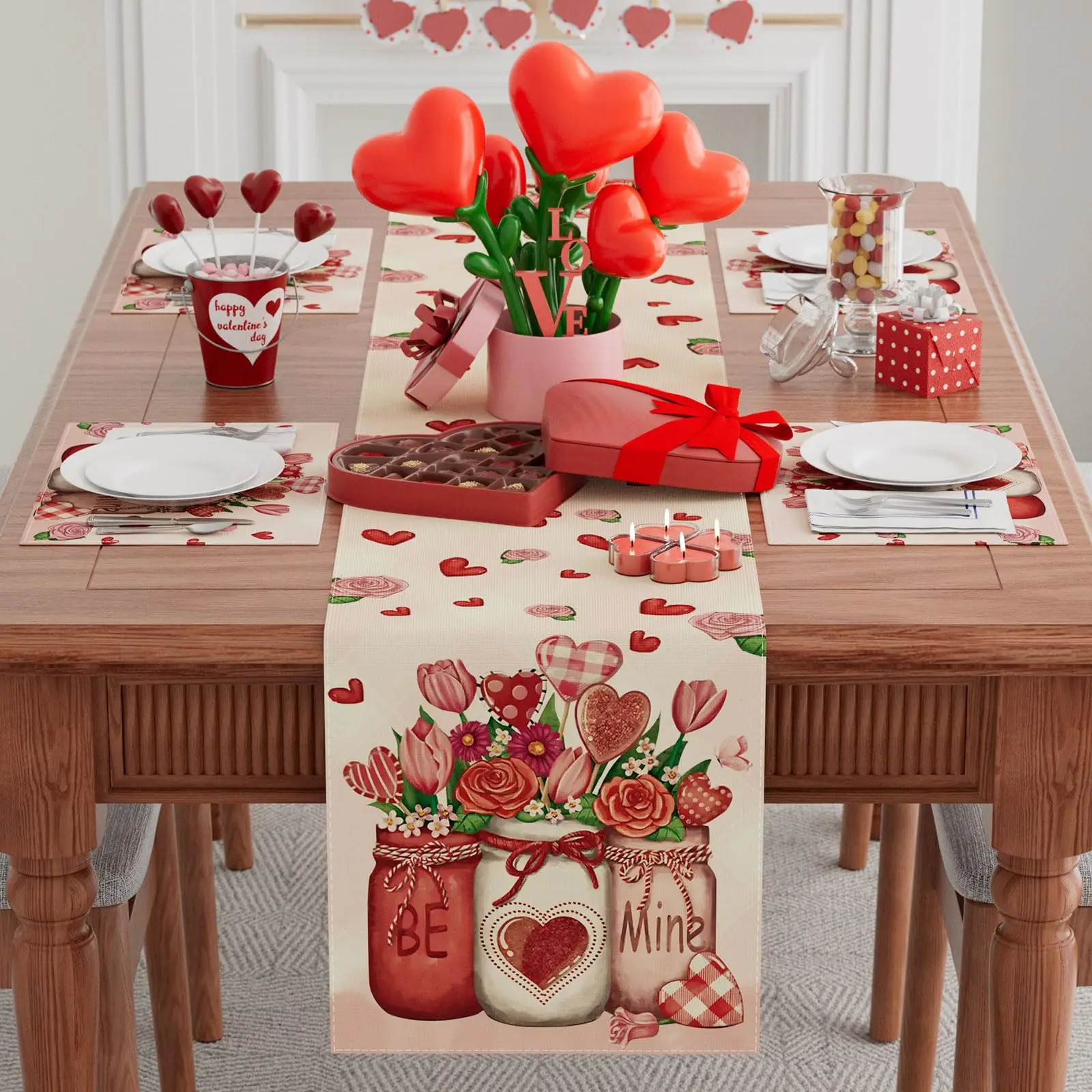 Roses Flowers Love Hearts Vase Valentine’s Day Table Runner Table Decoration for Party Home Kitchen Dining Dinner Holiday Decor