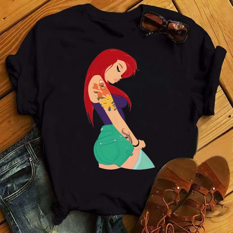 Kawaii Disney Princess Graphic Cartoon Fun Print Cotton T-shirt Men Women\'s Cute Fashion Summer Y2K Casual Loose Streetwear Top