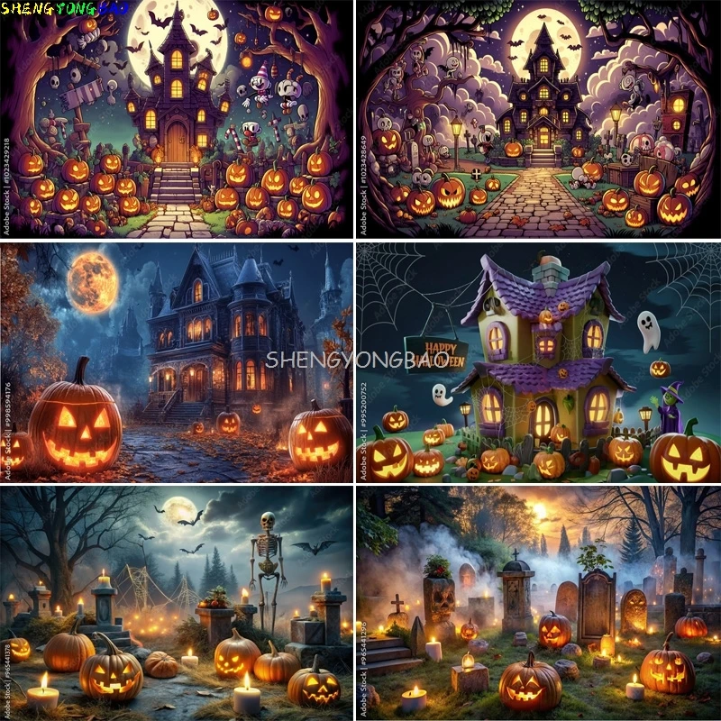 

Pumpkins Halloween Day Spooky Backdrop Props Lanterns Cobwebs Creepy Wicked Eerie Evil Scary Dark Night Forest Background VC-01