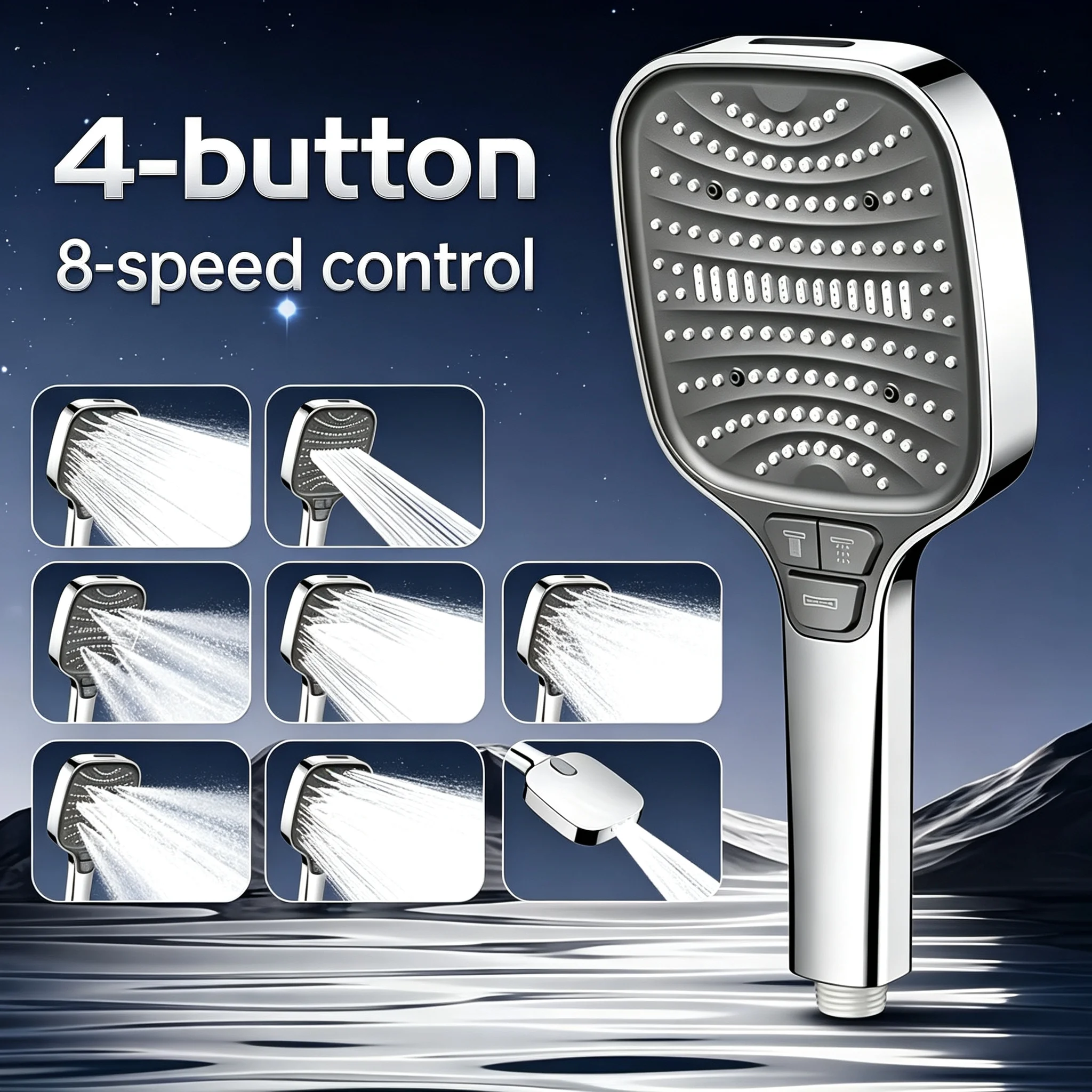 1 PC Powerful Square Showerhead with 8 Shower Modes, Handheld High-Flow Rain Spray Shower System for The Bathroom, Silvery
