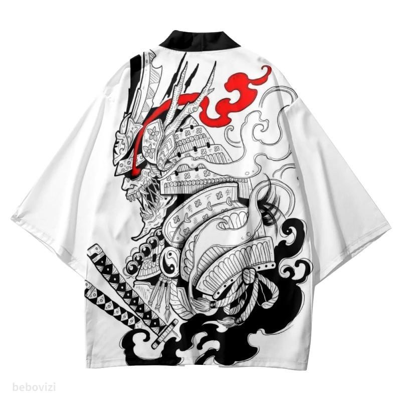 

Japanese Samurai Print White Kimono 2022 Streetwear Beach Yukata Men Women Cardigan Cosplay Haori Harajuku Tops Robe Clothes