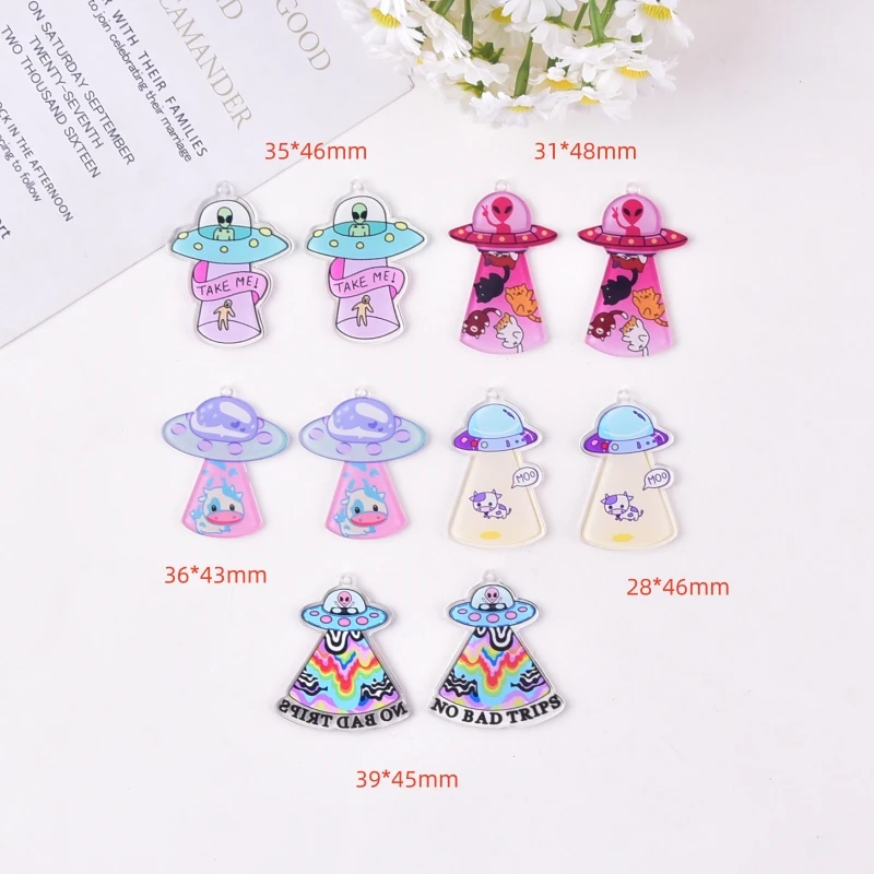 10pcs Spaceship Cat Spaceship Cow Alien Spaceship Acrylic Charms Pendant for Women DIY Jewelry Making