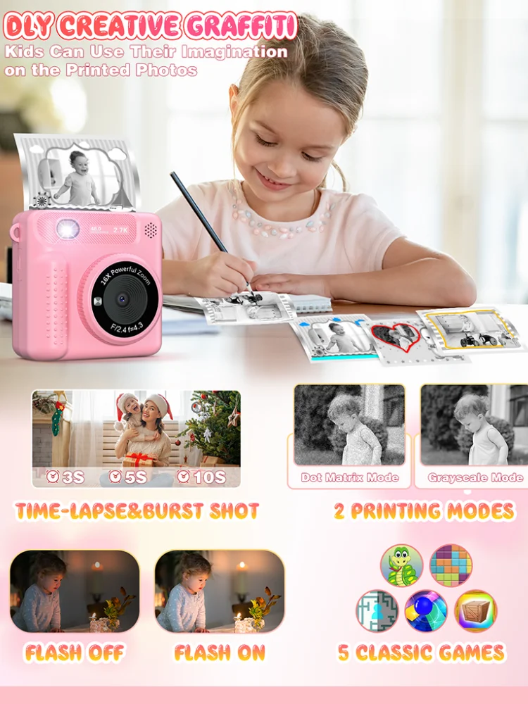 Appareil photo numérique à impression instantanée pour enfants, 12MP, 1080P, vidéo HD, photo imprimée, jouet portable, tout-petit, fille de 3 ans et plus, cadeau de Noël