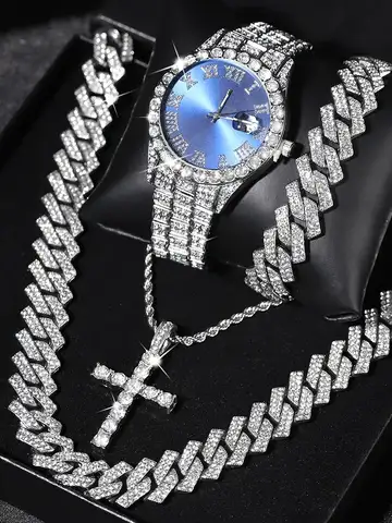 Quartz Watch Set Gift Box Cuban Necklace Bracelet Cross Classic Full Diamond Watch Shining Luxury Gift giving Festival Chain Hip