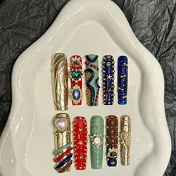 Handmade Press on Nails Full Crystal Design Baroque Style Fake Nails Heavy Metal European Extra Long Ballet False Nail Patches