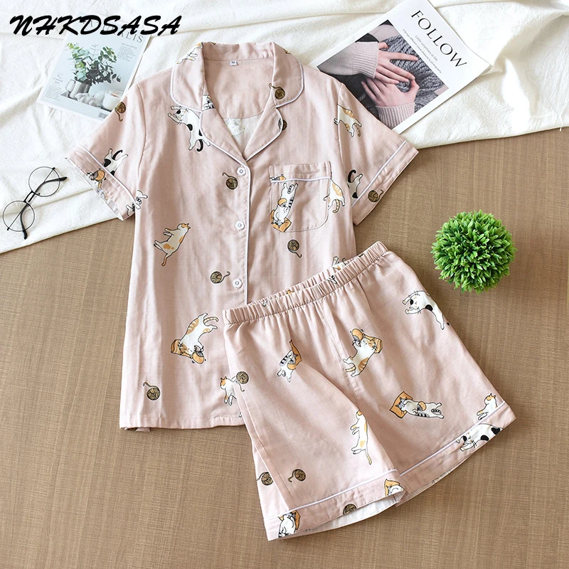 Japanese Simple Short Pyjamas Women 100% Cotton Short Sleeves Men Pajama Sets Shorts Cute Cartoon Sleepwear Women Homewear