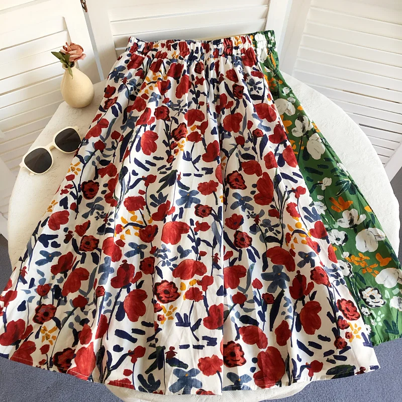 

Summer High Waist Midi A-Line Skirt Floral Print Sweet Versatile Women's Half Body Skirt Fashionable Elegant Style