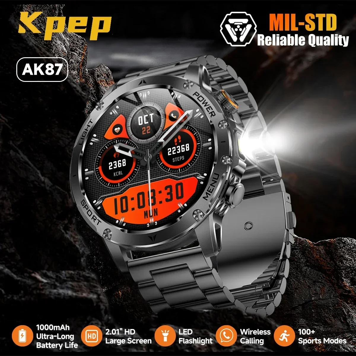 KPEP Military Smart Watch 1000mAh Large Battery LED Flashlight Health Monitor Wireless Call 100+ Sports Modes Smartwatch for Men