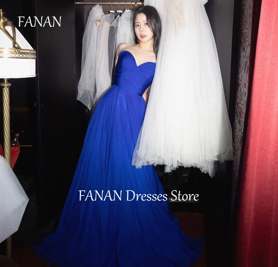 

FANAN Strapless Evening Party Dresses Korea Corset A-Line Sweetheart Tulle Blue Wedding Women Formal Gowns Event Prom Gowns