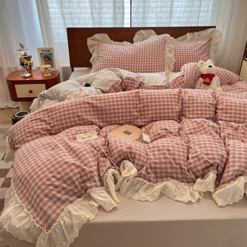 Korean Style Princess Lace Ruffles 100% Cotton Bedding Set Plaid Style Duvet Cover Set Bed Sheet/Fitted Sheet Pillowcases 3/4Pcs