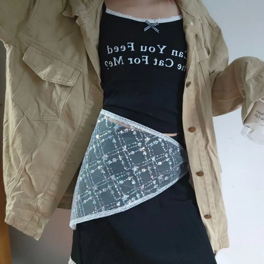 

Sweet Korean Style Lace Mini Skirt Gauze Thin Sequins Half Skirt Triangle Cummerbund Dress Jeans Belt Outwear