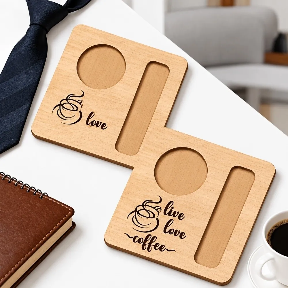 2PCS Creative Wood Coffee Tray Cup Spoon Slot Anti-slip Wood Coaster Thermal Insulation Square Coffee Coaster Birthday Gift