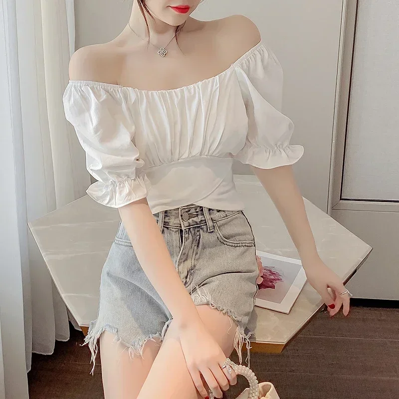 Camicette da donna Solid Slim Sexy Crop Top Fasciatura Colletto quadrato Stile coreano Temperamento alla moda Camicie da donna Summer Chic
