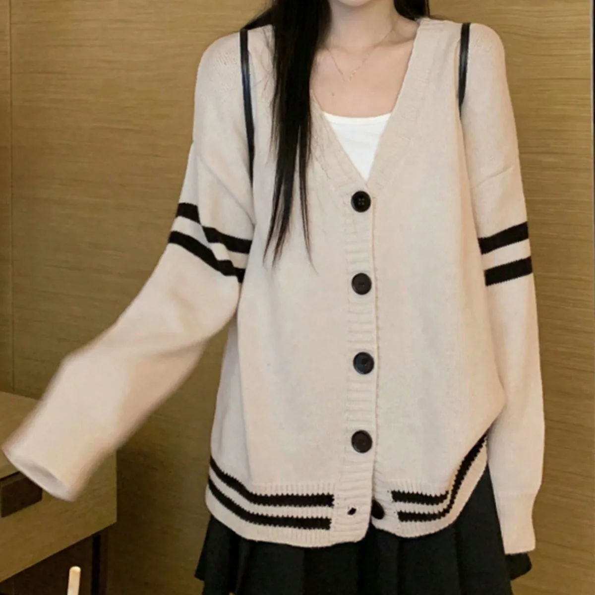 Korean Chic Autumn and Winter New V Neck Preppy Style Korean Style Loose and Versatile Halftone Top