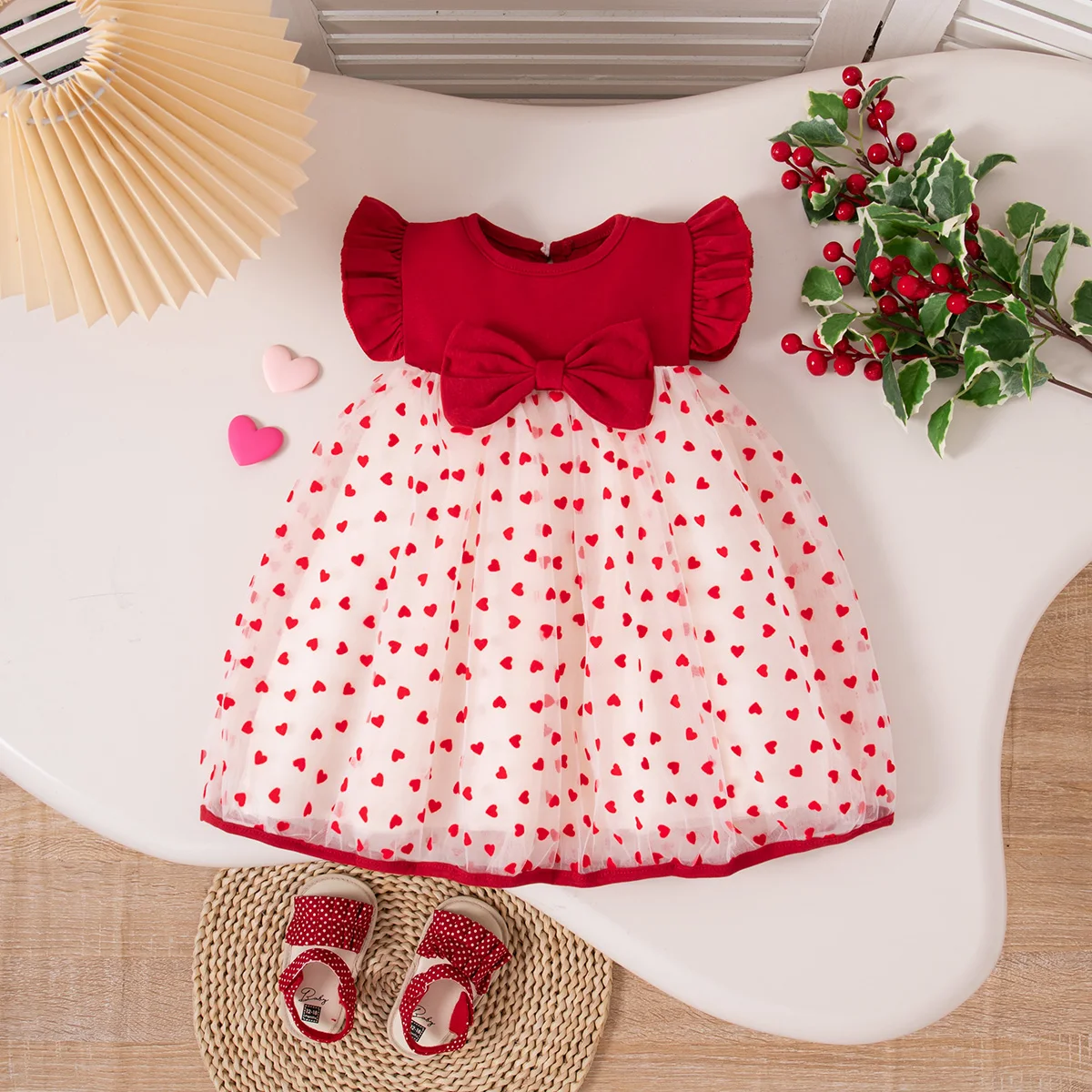 

Baby Girl Dress Summer Cotton Bow Love Mesh Small Fly Sleeves Girls Dresses Cartoon Cute Beach Baby Girl Clothing