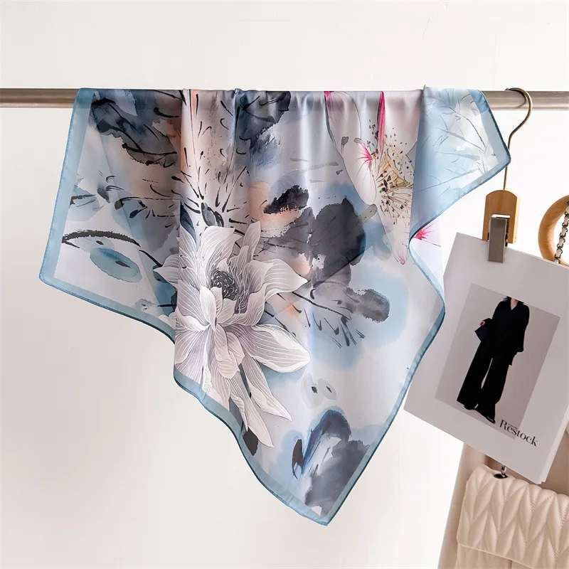 

Spring Summer Lotus Print Satin Scarf Square Neckerchief for Women Head Wrap Fashion Decorative Accessory Bandana