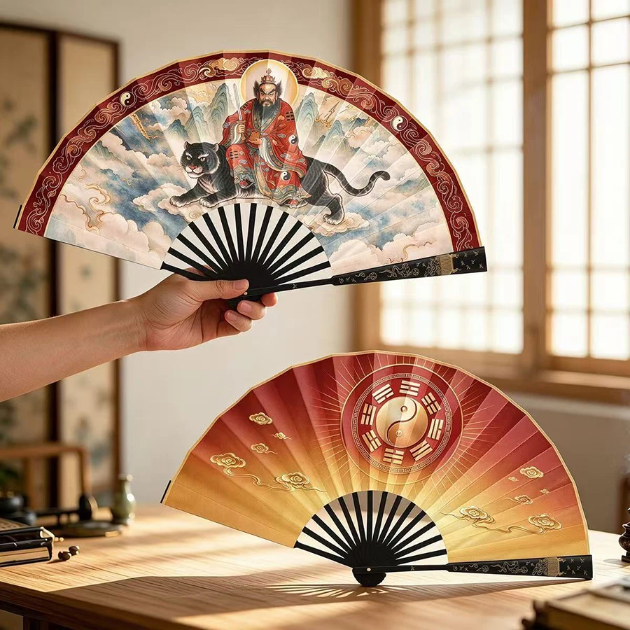 Zhang Tianshi Taoist Folding Fan | Bagua Black Tiger Fabric surface Fan | Chinese Bamboo Hand Fan for Home Decor & Feng Shui