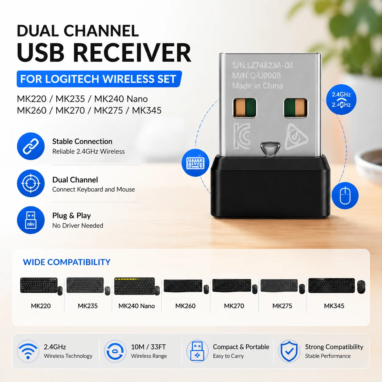 Mini USB Receiver For Logitech MK220 MK235 MK240 MK250 Nano Wireless Mouse Keyboard Combo Accessories Replace Black USB Receiver