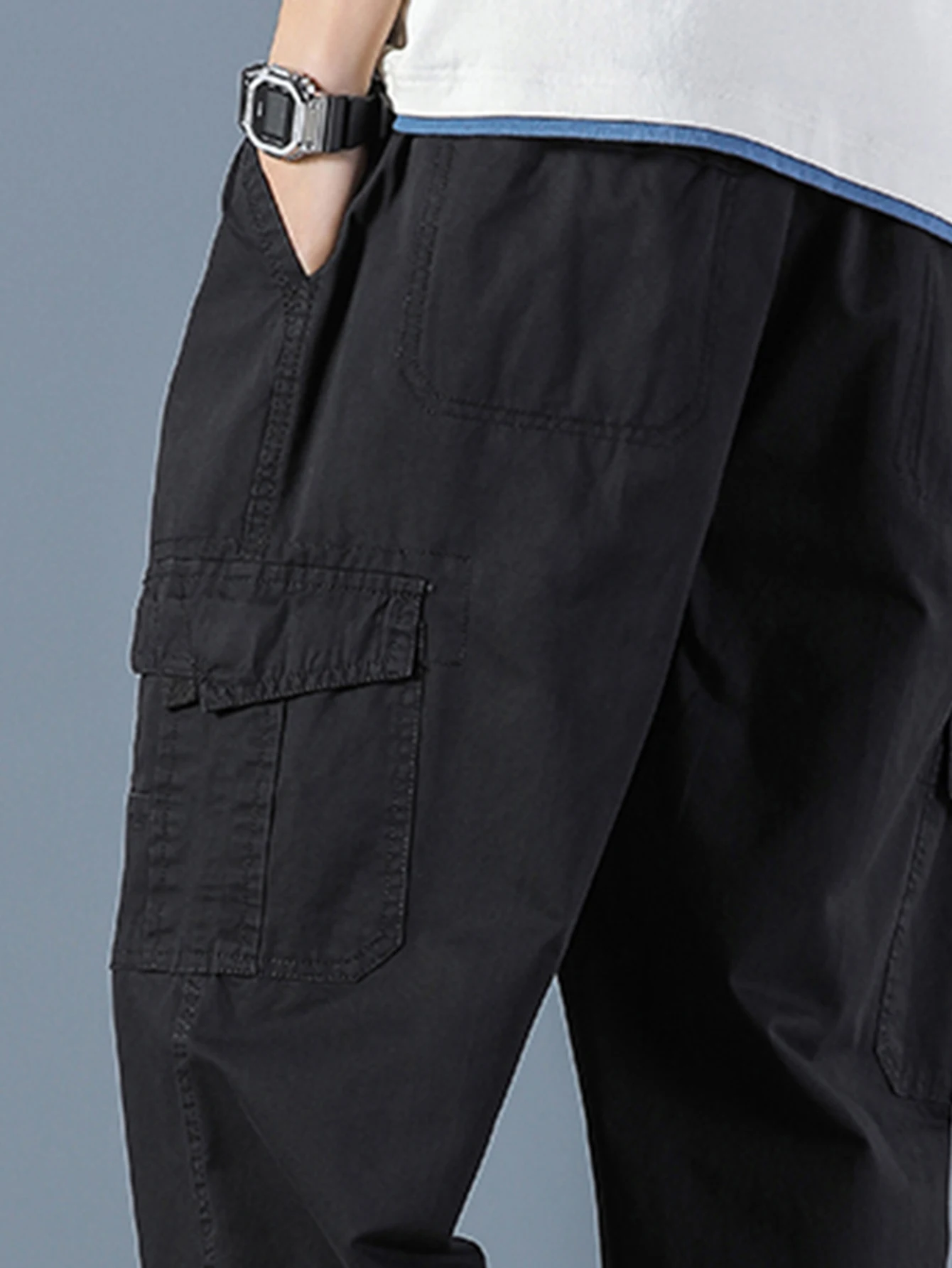 Joggers negros rectos de algodón 100% para hombre, pantalones para exterior, pantalones de carga, moda, ropa de calle, Pocke