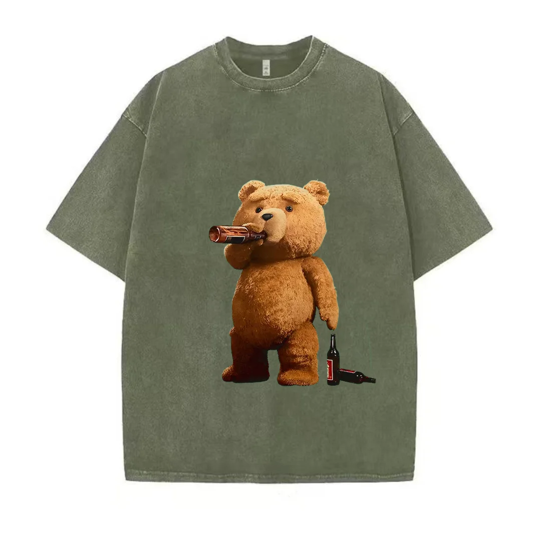 Cute Ted Bear Drinking Beer Poster Fun Printed Washed Cotton T-Shirt Men\'s Casual Short Sleeve Loose Thick Breathable T Shirt