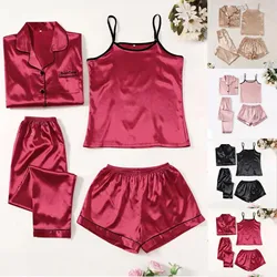 Summer Ice Silk Pajamas Set Women 4 Piece Home Suit Fashion Slim Seamless Nightwear Satin Sleepwear Clothes Conjuntos De Pijama