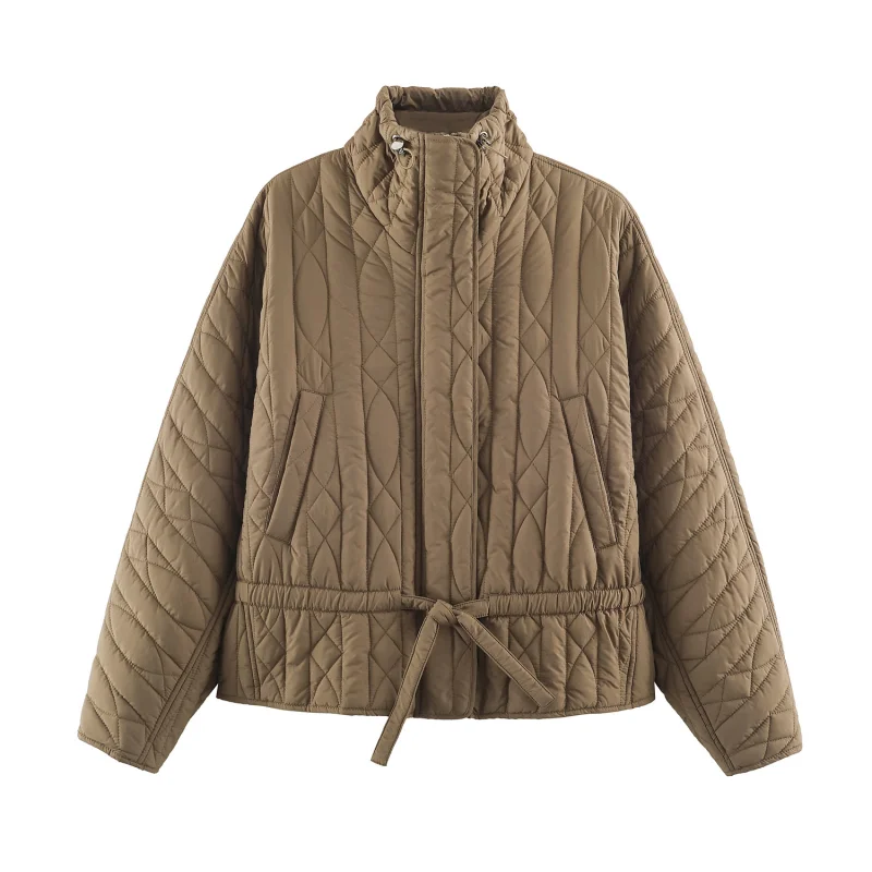 Damen-Freizeitjacke aus Baumwolle in Unifarbe mit Stehkragen, einzigartigem Designer-Look, Kordelzug in der Taille, lockerer Schnitt, Damen-Reißverschluss-Oberbekleidung – Detail 18