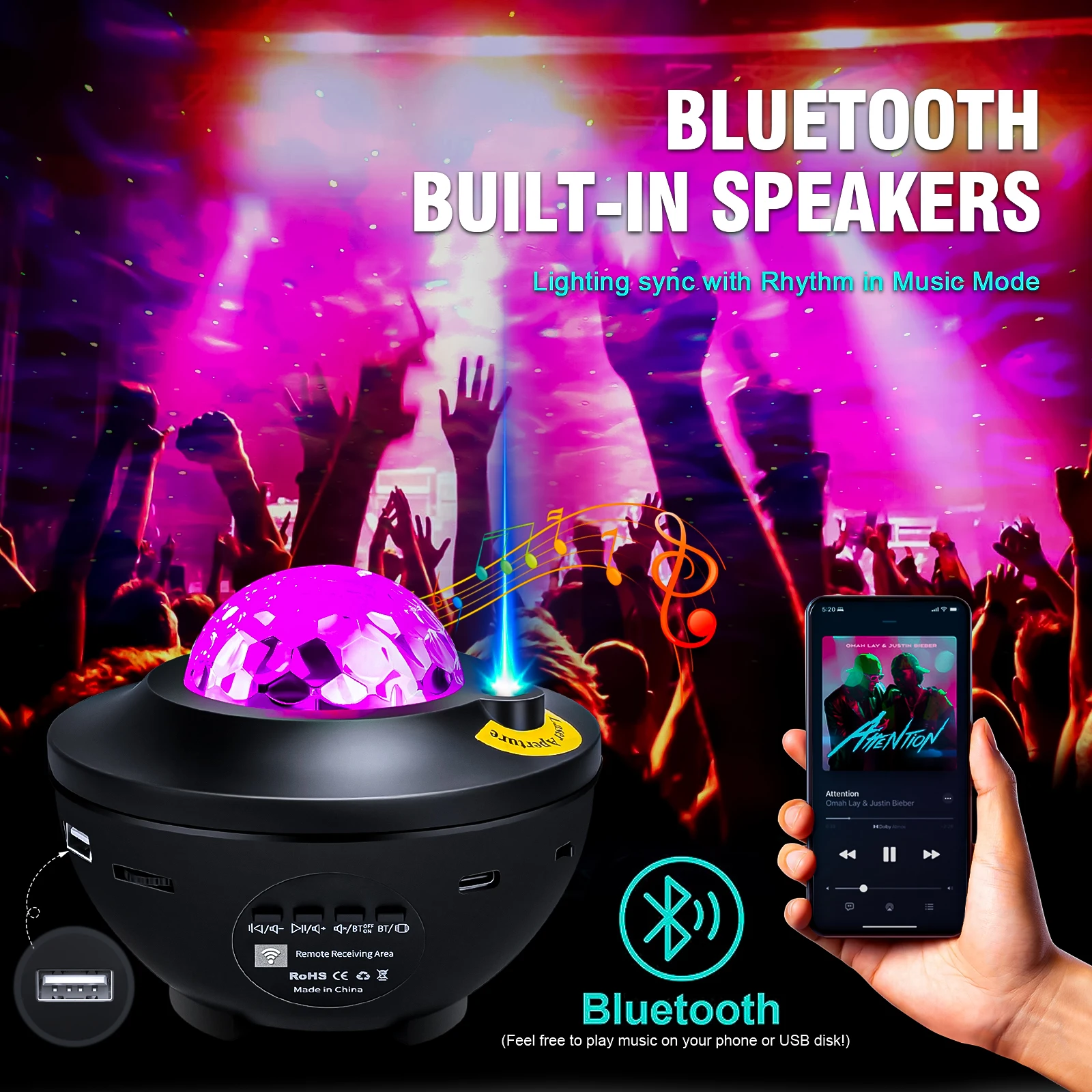 Ocean Projector Galaxy Star Wave Night Light Bluetooth with Music Speaker Remote Control Projector for Home Bedroom Decoration