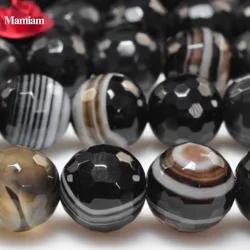 Mamiam Natural A+ Black Stripe Onyx Eye Agate Faceted Round Beads 8mm Smooth Loose Stone Diy Bracelet Necklace Jewelry Making