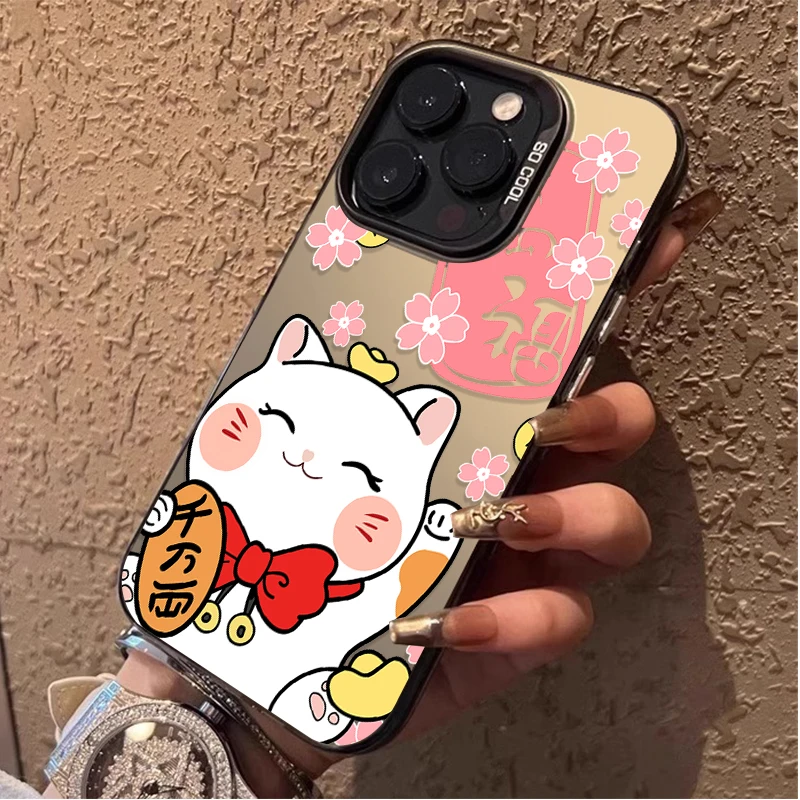 Cute Cartoon Money Cat IMD Case For iPhone 16 ProMax 15 14 13 12 11 Pro Max XS X XR 16 Plus Y2K Plating Hard Bumper Back Cover