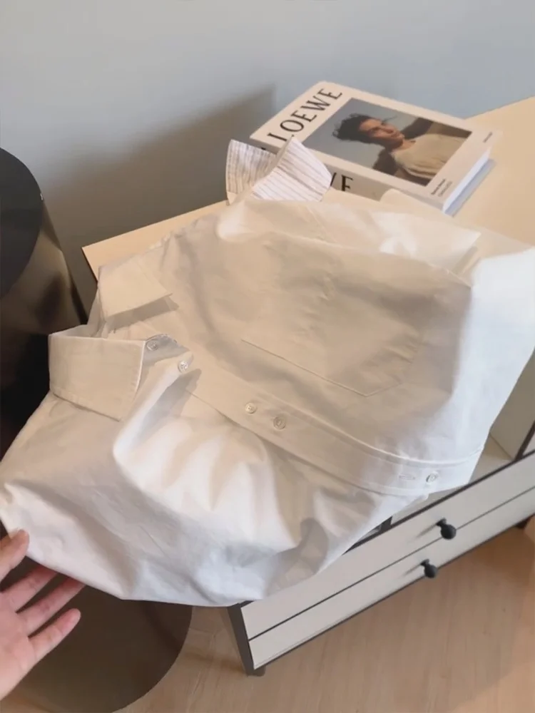 Bianco con risvolto Ne Long Sve Casual irt Uomo Donna Primavera Autunno Coreano Sle Riduzione dell'età Design Loose Fit Pendolarismo S...