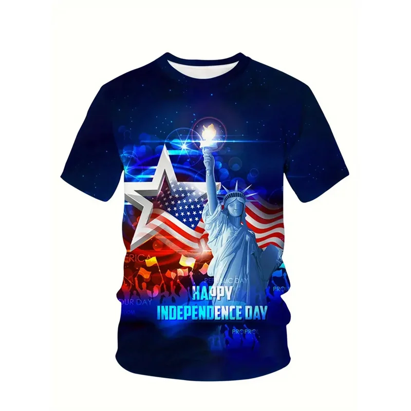 3D Printed Funny America T Shirt For Men Statue Of Liberty Pattern Tee Summer Oversized Round Neck Tops T-Shirts Short Sleeves